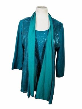 Alfani Teal Sequin Two Piece Sweater Set - Size 1X